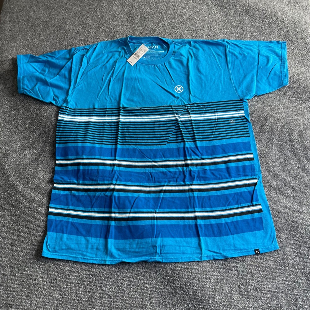 Hurley‎ Mens Cyan Blue Striped Graphic T-Shirt Classic Fit XL New With Tags